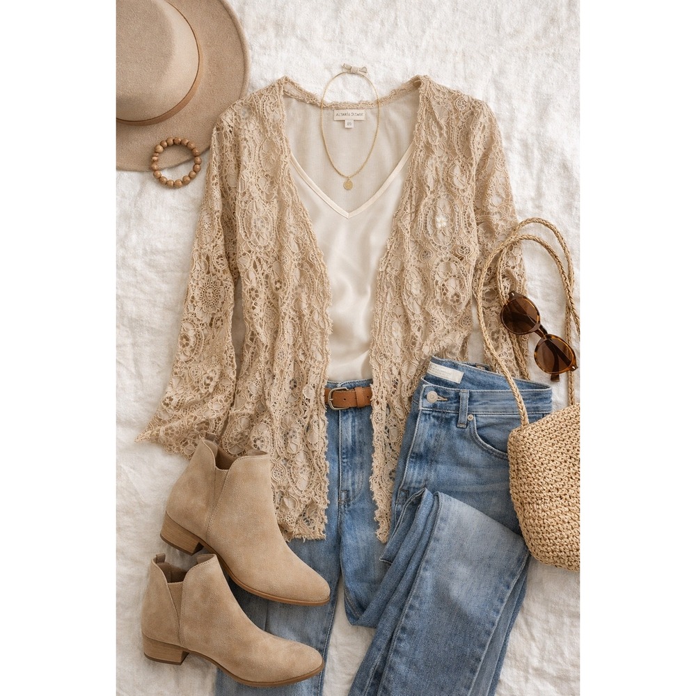 Altar'd‎ State Beige Floral Lace Open Front Cardigan Boho Sheer Large Romantic